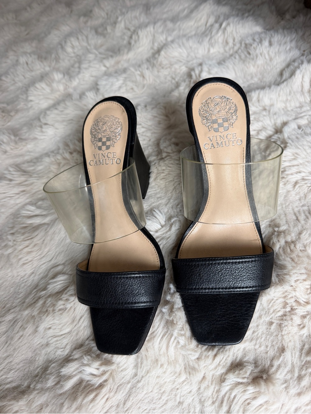 Vince Camuto Black Clear Strap Square Toe Block Heel Mules